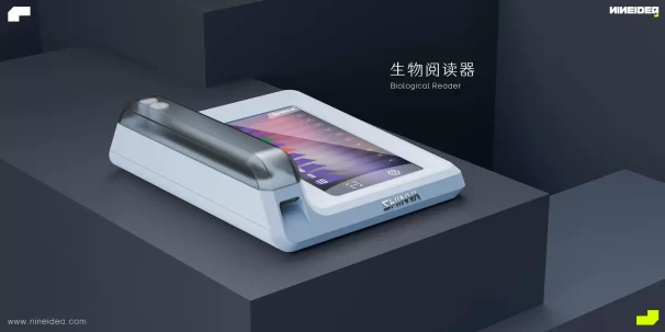 生物阅读器:本产品是一款集成了精密光学传感器与微流体芯片的高通量检测设备。它通过高灵敏度荧光检测与快速图像分析,可自动完成细胞计数、活力分析及特定生物标志物定量。设计专注于实验流程的可靠性与重复性,提供直观的软件界面与标准化数据输出,旨在成为实验室中高效、精准的日常分析工具。 深圳工业设计九号创新工作室-生物阅读器产品设计