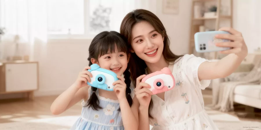 儿童照相机:看见新视界,探索大世界。3寸市面上最大屏儿童相机,2600W像素前后双摄拍照清晰有范,智能录像记录生动的时光短片,多种功能培养孩子专注力和兴趣,让孩子发现和创造美。 深圳工业设计九号创新工作室案例-一款时尚可爱萌系风的儿童照片机