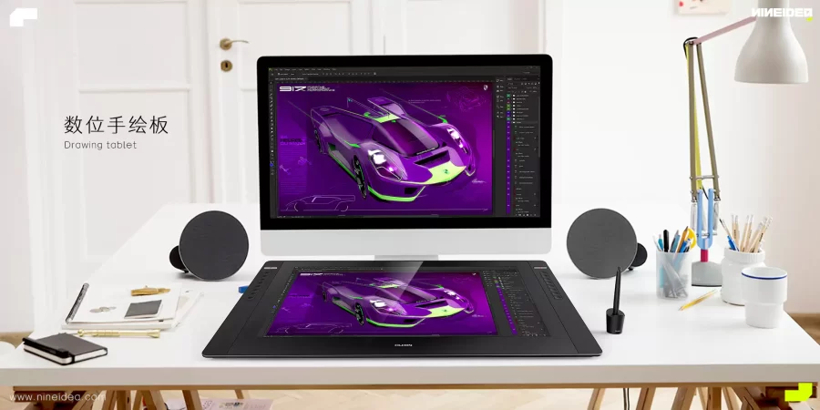 数位手绘板:以「隐形画布」为概念,打造超薄的专业绘图板。采用航空级碳镁合金一体成型框架。板面覆以抗眩光蚀刻玻璃,模拟真实纸笔摩擦质感,支持磁吸充电与无线连接,在极致轻薄中实现创作自由的无缝延伸。 深圳工业设计九号创新工作室案例-数位手绘板设计