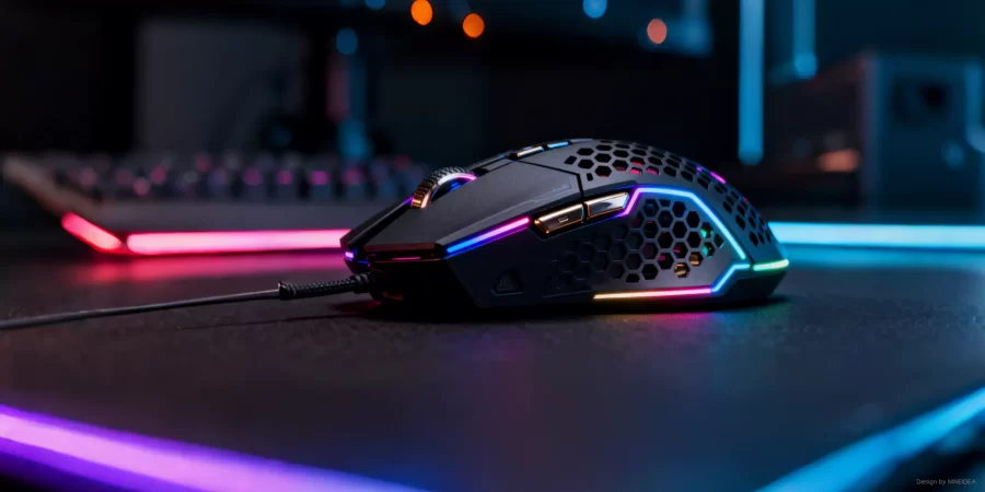 游戏鼠标:从零延迟的光学传感器到经受千万次点击考验的微动,乃至为持久战优化的轻量化结构与握持轮廓,所有一切都为了在高强度对抗中实现指腕合一的绝对控制。符合人体工学的表面处理和确保汗湿下的透气和稳定抓握,最终服务于玩家的直接操作本能。 深圳工业设计九号创新工作室案例-一款朋克赛博风的游戏外设鼠标工业设计