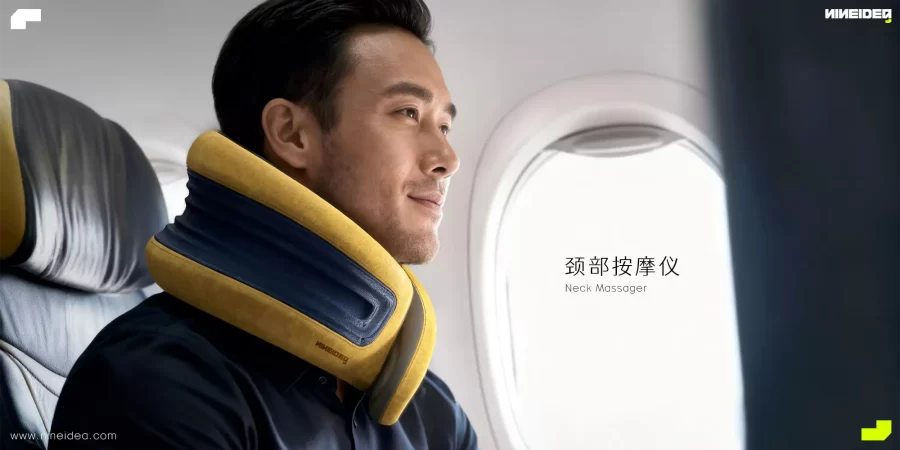 颈部按摩仪:本产品以「零负重感」为核心理念,采用C型仿生结构紧密贴合颈部曲线。内嵌4组仿人手指压的3D按摩头,配合远红外热敷与低频脉冲技术,可精准模拟揉捏、捶打等专业手法。整体重量控制在180g以内,外层覆以亲肤透气材质,支持蓝牙智能调控。致力于在办公或旅途中,提供随时随地的深度放松体验。 深圳工业设计九号创新工作室案例-颈部按摩仪